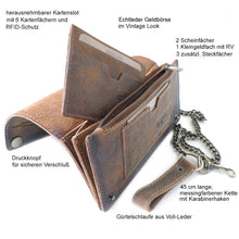 Laden Sie das Bild in den Galerie-Viewer, Naturleder Geldbörse BIKER mit Kette - Langformat, Volllederausstattung , Vintage-Look
