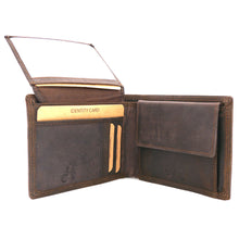 Laden Sie das Bild in den Galerie-Viewer, Herren Voll-Leder Geldbörse im Hochformat, Farbe dunkelbraun, 6 Kartenfächer, RFID-Schutz, 6 Einsteckfächer davon eines mit Sichtfenster. Münzenfach mit Druckknopfverschluss und integriertem Chipfach für Einkaufswagen, 2 Scheinfächer mit Velourledertrennung.