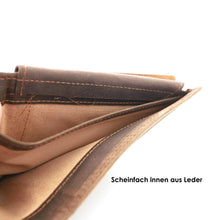 Laden Sie das Bild in den Galerie-Viewer, Herren Voll-Leder Geldbörse im Hochformat, Farbe dunkelbraun, 6 Kartenfächer, RFID-Schutz, 6 Einsteckfächer davon eines mit Sichtfenster. Münzenfach mit Druckknopfverschluss und integriertem Chipfach für Einkaufswagen, 2 Scheinfächer mit Velourledertrennung.