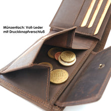 Laden Sie das Bild in den Galerie-Viewer, Herren Voll-Leder Geldbörse im Hochformat, Farbe dunkelbraun, 6 Kartenfächer, RFID-Schutz, 6 Einsteckfächer davon eines mit Sichtfenster. Münzenfach mit Druckknopfverschluss und integriertem Chipfach für Einkaufswagen, 2 Scheinfächer mit Velourledertrennung.