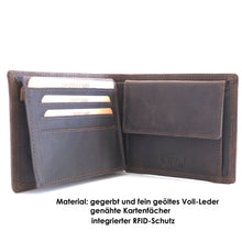 Laden Sie das Bild in den Galerie-Viewer, Herren Voll-Leder Geldbörse im Hochformat, Farbe dunkelbraun, 6 Kartenfächer, RFID-Schutz, 6 Einsteckfächer davon eines mit Sichtfenster. Münzenfach mit Druckknopfverschluss und integriertem Chipfach für Einkaufswagen, 2 Scheinfächer mit Velourledertrennung.