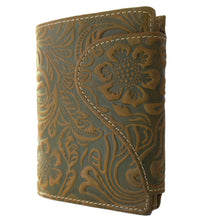 Laden Sie das Bild in den Galerie-Viewer, Geldbörse SWING FLORAL - Farbe Cognac-Braun, Hochformat, Außenriegel, tiefes Scheinfach, Echtleder, RFID-Schutz