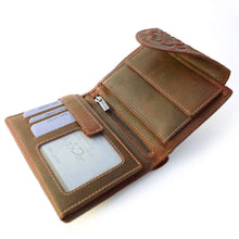 Laden Sie das Bild in den Galerie-Viewer, Geldbörse SWING FLORAL - Farbe Cognac-Braun, Hochformat, Außenriegel, tiefes Scheinfach, Echtleder, RFID-Schutz