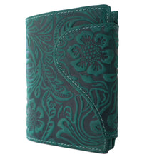 Laden Sie das Bild in den Galerie-Viewer, Geldbörse SWING FLORAL - Petrol, Hochformat, Außenriegel, tiefes Scheinfach, Echtleder, RFID-Schutz