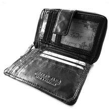 Laden Sie das Bild in den Galerie-Viewer, Reißverschluss Geldboerse im Used Look - schwarz - 12 Kartenfächer zweigeteiltes Muenzfach und Niet Applikationen aussen
