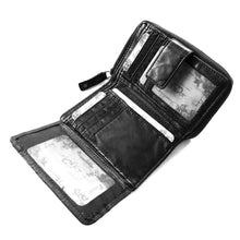 Laden Sie das Bild in den Galerie-Viewer, Reißverschluss Geldboerse im Used Look - schwarz - 12 Kartenfächer zweigeteiltes Muenzfach und Niet Applikationen aussen