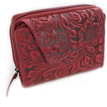 Laden Sie das Bild in den Galerie-Viewer, Reißverschluss Geldbörse FIORI - rot, geprägtes Blütenmuster, 16 Kartenfächer mit RFID Schutz, 2 Scheinfächer, Echtleder