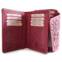Laden Sie das Bild in den Galerie-Viewer, Reißverschluss Geldbörse FIORI - rot, geprägtes Blütenmuster, 16 Kartenfächer mit RFID Schutz, 2 Scheinfächer, Echtleder