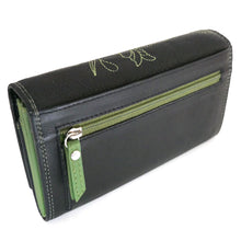 Laden Sie das Bild in den Galerie-Viewer, Damen Leder Geldboerse gruen mit gesticktem Blumenmotiv und Druckknopf Verschluss
