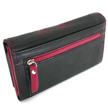 Laden Sie das Bild in den Galerie-Viewer, Damen Leder Geldboerse schwarz und rot mit gesticktem Blumenmotiv und Druckknopf Verschluss