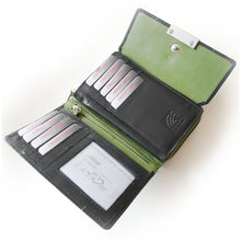 Laden Sie das Bild in den Galerie-Viewer, Geldbeutel Leder mit Knopf und Reissverschluss schwarz gruen