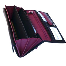 Laden Sie das Bild in den Galerie-Viewer, Damen Leder Geldboerse schwarz und rot mit gesticktem Blumenmotiv und Druckknopf Verschluss