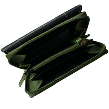 Laden Sie das Bild in den Galerie-Viewer, Geldbeutel Leder mit Knopf und Reissverschluss schwarz gruen