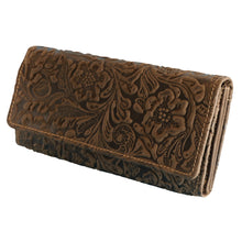 Laden Sie das Bild in den Galerie-Viewer, leder geldboerse flower und big - braun gepraegt 12 kartenfaecher mit rfid schutz 3 scheinfaecher