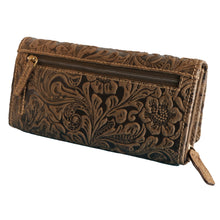 Laden Sie das Bild in den Galerie-Viewer, leder geldboerse flower und big - braun gepraegt 12 kartenfaecher mit rfid schutz 3 scheinfaecher