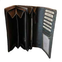 Laden Sie das Bild in den Galerie-Viewer, leder geldboerse flower und big - braun gepraegt 12 kartenfaecher mit rfid schutz 3 scheinfaecher