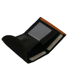 Laden Sie das Bild in den Galerie-Viewer, Mini Leder Geldbeutel zweifarbig in schwarz ocker mit Platz fuer drei Bankkarten