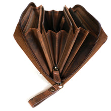 Laden Sie das Bild in den Galerie-Viewer, Reissverschluss Geldbörse Naturleder braun mit Kolibri Motiv