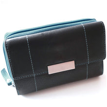 Laden Sie das Bild in den Galerie-Viewer, Reissverschluss Geldboerse tuerkis und schwarz mit 10 Kartenfaechern und RFID Schutz 2 Scheinfaecher und 4 Muenzfaechern