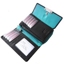 Laden Sie das Bild in den Galerie-Viewer, Reissverschluss Geldboerse tuerkis und schwarz mit 10 Kartenfaechern und RFID Schutz 2 Scheinfaecher und 4 Muenzfaechern