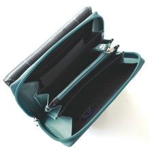 Laden Sie das Bild in den Galerie-Viewer, Reissverschluss Geldboerse tuerkis und schwarz mit 10 Kartenfaechern und RFID Schutz 2 Scheinfaecher und 4 Muenzfaechern