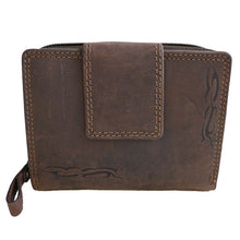Laden Sie das Bild in den Galerie-Viewer, geldbeutel naturleder braun mit reissverschluss und tribal tattoo