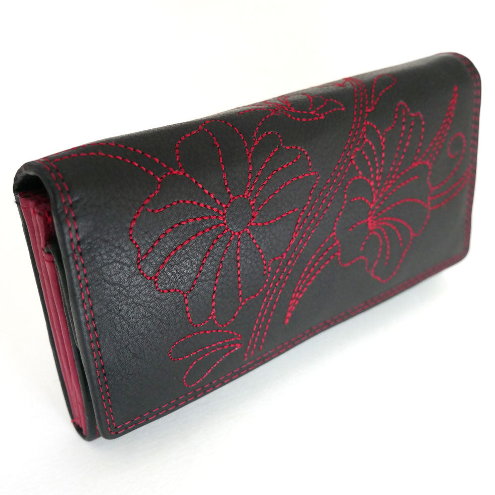 Damen Leder Geldboerse schwarz und rot mit gesticktem Blumenmotiv und Druckknopf Verschluss